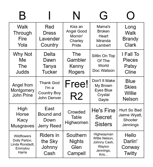 Country Bingo R2 Bingo Card