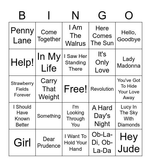 The Beatles Bingo Card