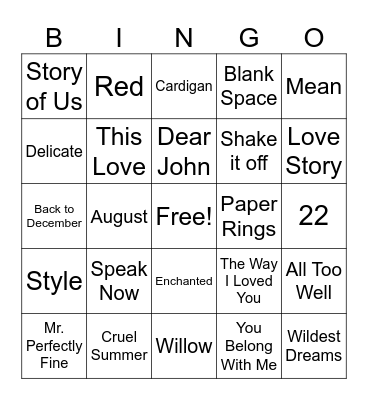 Taylor Swift Bingo Card