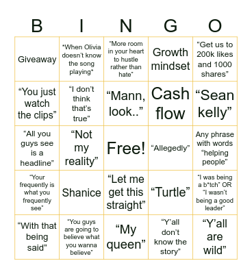 Shein Phrases Bingo Card