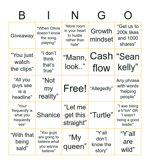 Shein Phrases Bingo Card