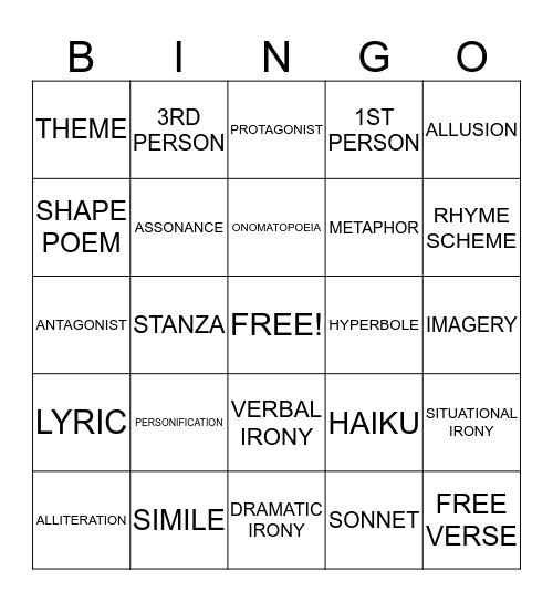 Poetry Bingo Card