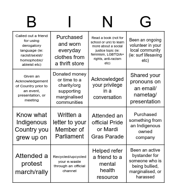 Social Awareness Bingo Card