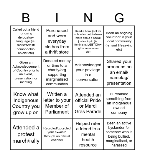 Social Awareness Bingo Card