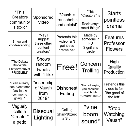 Lefty Video Essay Bingo Card