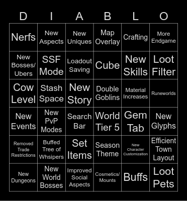 Season 1 Bingo Card