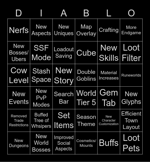 Season 1 Bingo Card