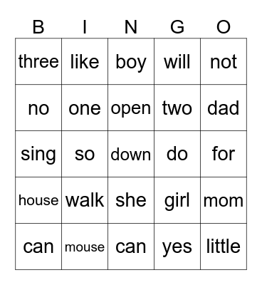 Sight words Bingo Card