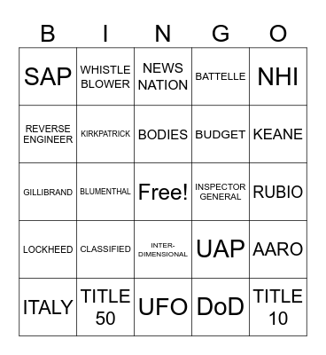 US HOC UAP HEARING 2023 Bingo Card
