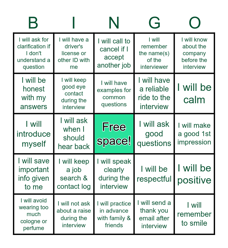 Teen Job Interview BINGO Card