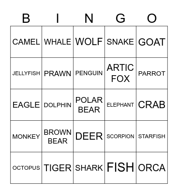 Animals Bingo Card