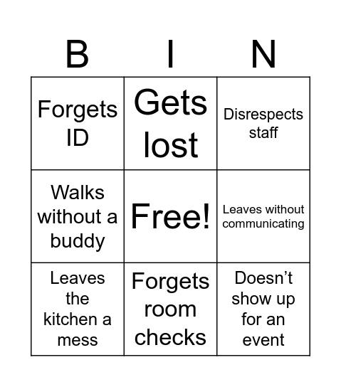 Dorm Infraction Bingo Card