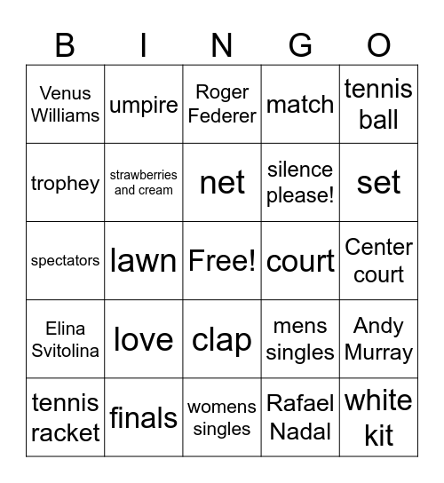 Wimbledon Tennis Bingo Card