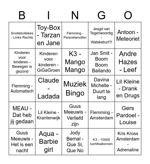 Muziek Bingo Card