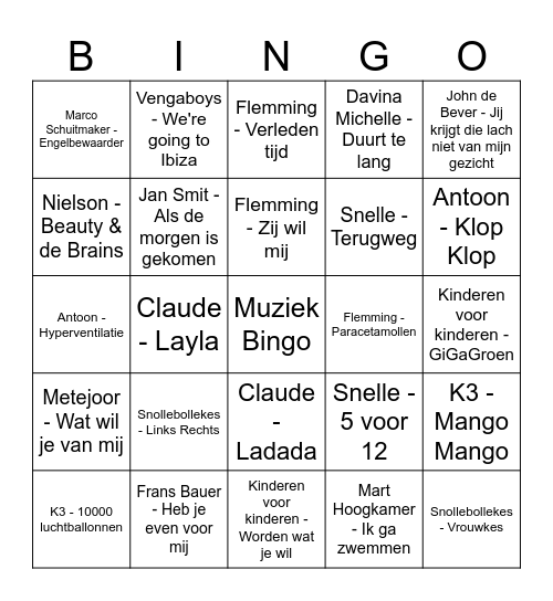 Muziek Bingo Card