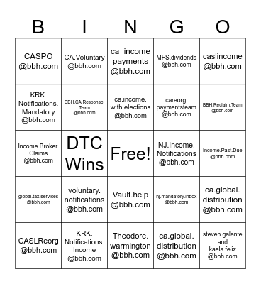 Corporate Action Bingo Card