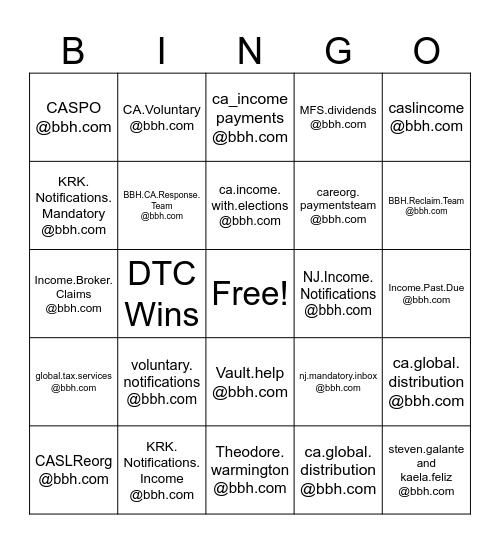 Corporate Action Bingo Card