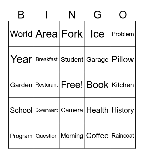 Nouns Bingo Card