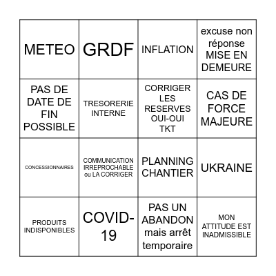 BINGO des excuses de NG promotion (visio du 12 juillet 2023) Bingo Card