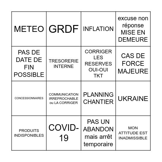 BINGO des excuses de NG promotion (visio du 12 juillet 2023) Bingo Card