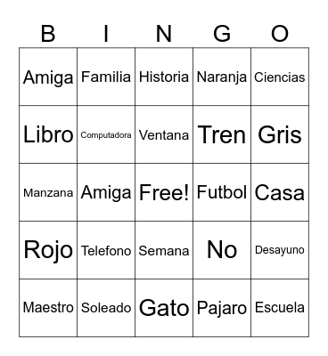 Spanish 1 Terms Bingo Card