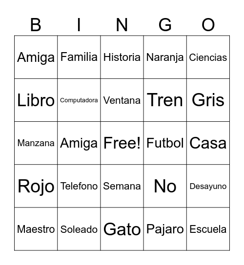 Spanish 1 Terms Bingo Card