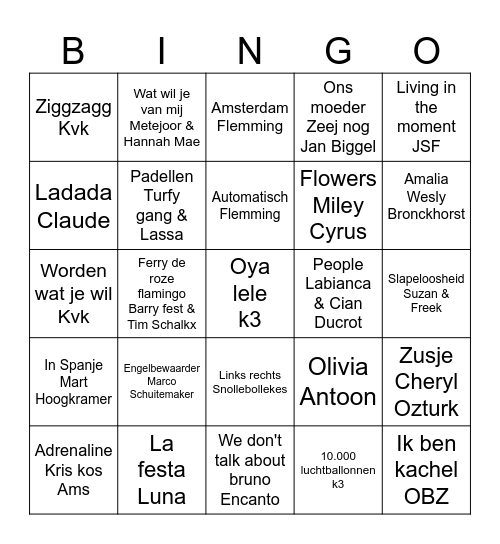 Isabelle's muziek bingo Card