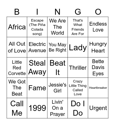 1980's Hit Songs Bingo Card