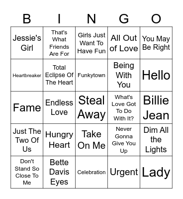 1980's Hit Songs Bingo Card