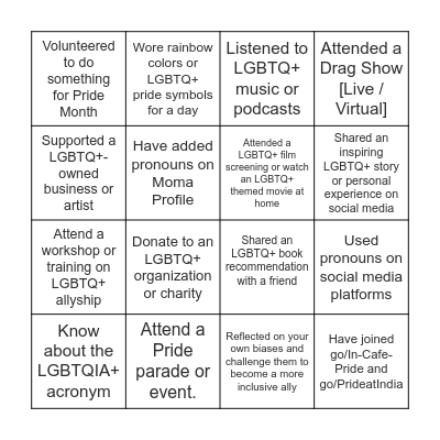 Pride Ally Bingo Card