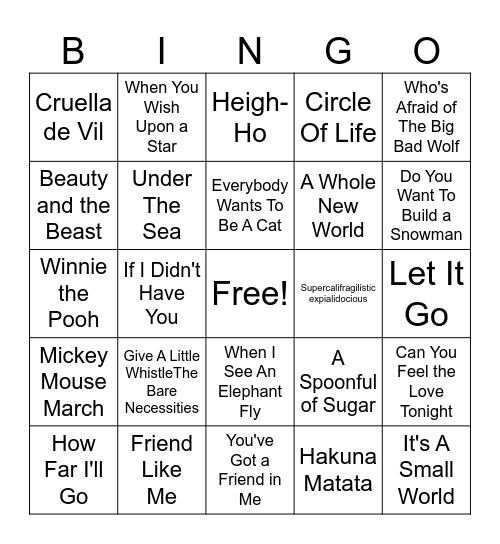 Disney Bingo Card