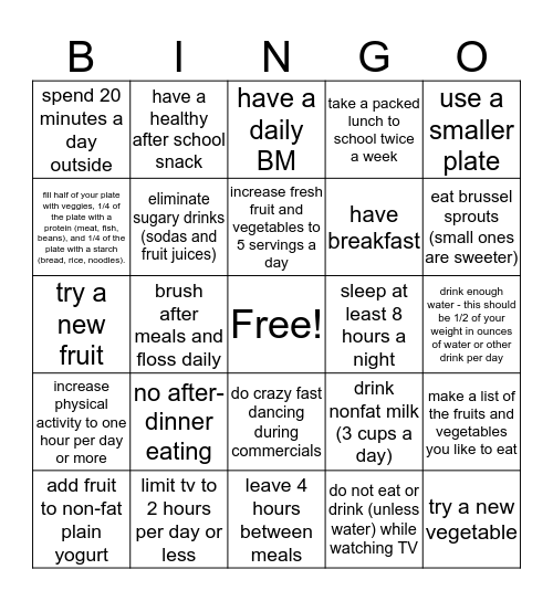 Healthy Life Bingo Card