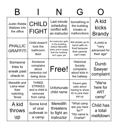 Summer Camp 2 Electric Boogaloo Bingo Card