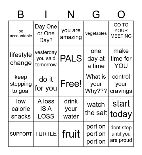 WEIGHT LOSS BINGO Card