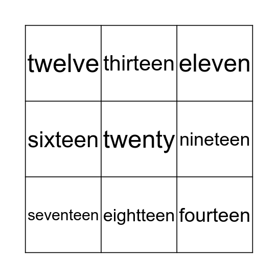 Number Words  Bingo Card