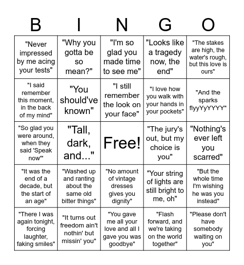 SPEAK NOW PARTY!!!! Bingo Card