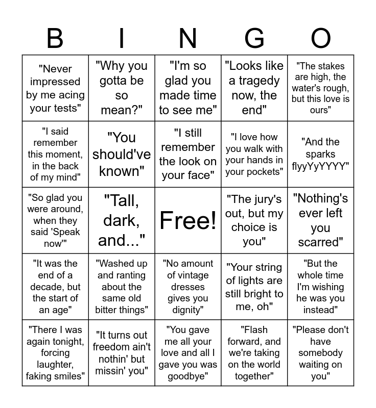 SPEAK NOW PARTY!!!! Bingo Card