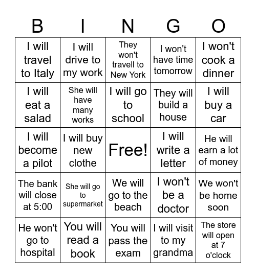 Future Simple Bingo Card