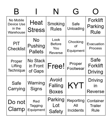 Safety Bingo Card