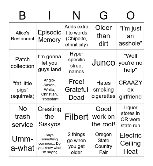Steve Says Bingo Card