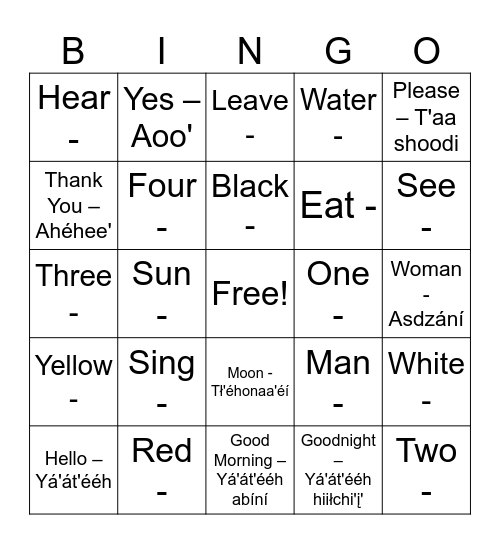 Navajo Bingo Card