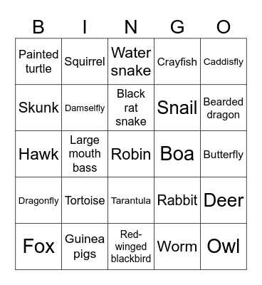 Gretna Glen Animal Bingo Card