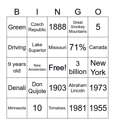 USA Trivia and Then Some Bingo Card