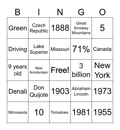 USA Trivia and Then Some Bingo Card