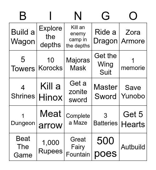 Totk Bingo Card