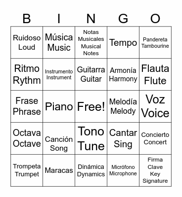 Musical Bilingual Bingo Card