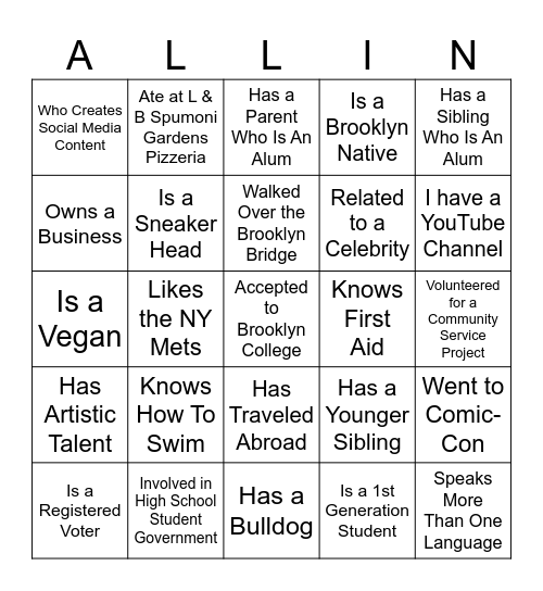 Brooklyn College All In Bingo Card