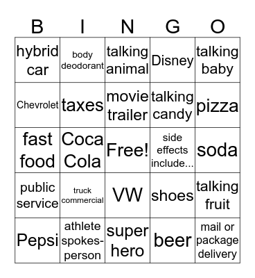 Super Bowl 50 commercials Bingo Card