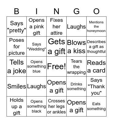 Bridal Bingo- Cross off the blocks when you see Tia doing any of the following. Don't forget to shout BINGO!  Bingo Card