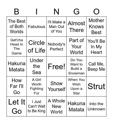 Musical BINGO - Disney Bops Bingo Card